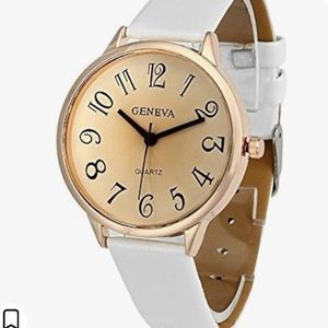 New Geneva Womens Big Dial Leather Brand Bracelet Wrist Watch 2 Pcs: Blue & Bone